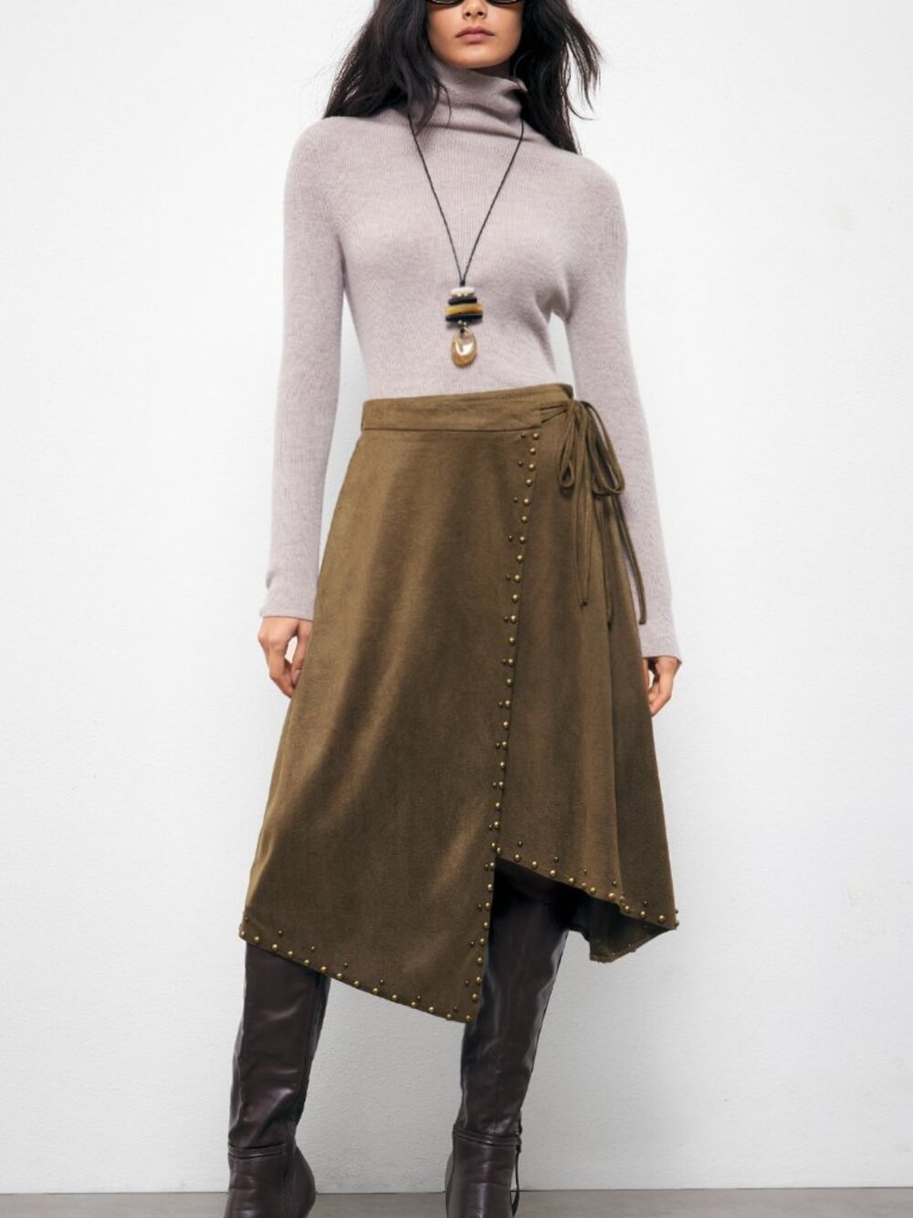 Coffee Brown Elegant Women's Wrap Studded Low Waisted Midi Skirt